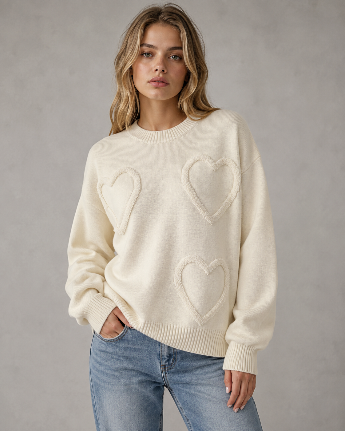 Women's Textured Heart Knit Sweater - Relaxed Drop Shoulder Fit
