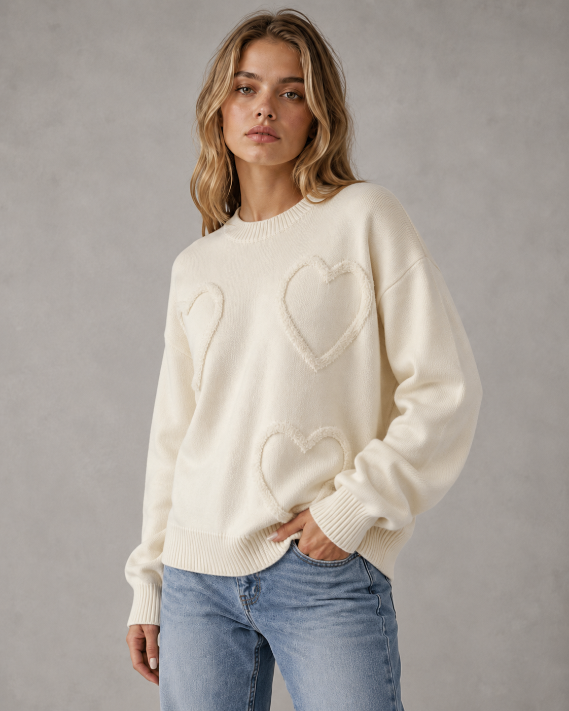 Women's Textured Heart Knit Sweater - Relaxed Drop Shoulder Fit