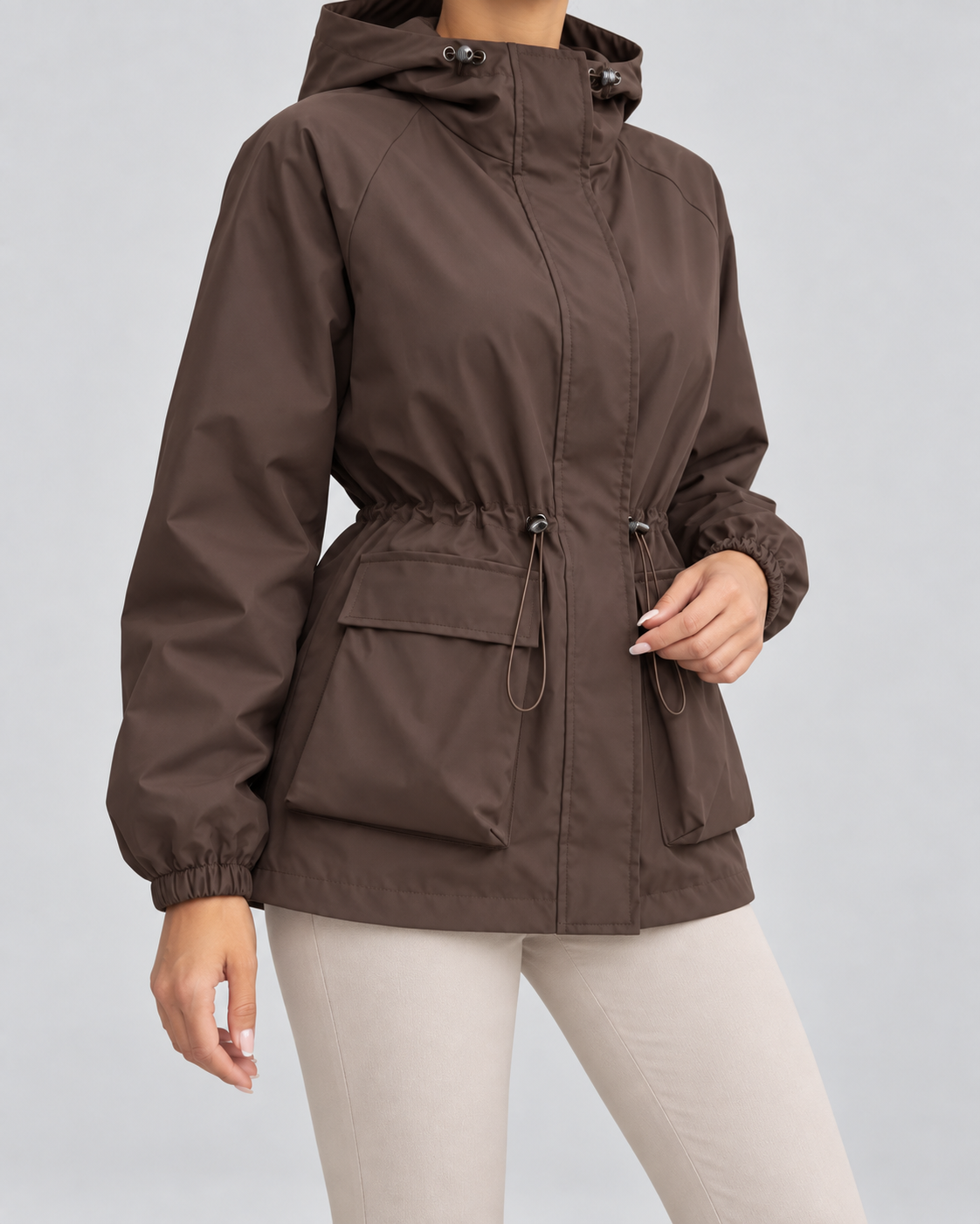 Women's Utility Jacket - Hooded Drawstring Waist Flap Pockets
