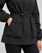 Women's Utility Jacket - Hooded Drawstring Waist Flap Pockets