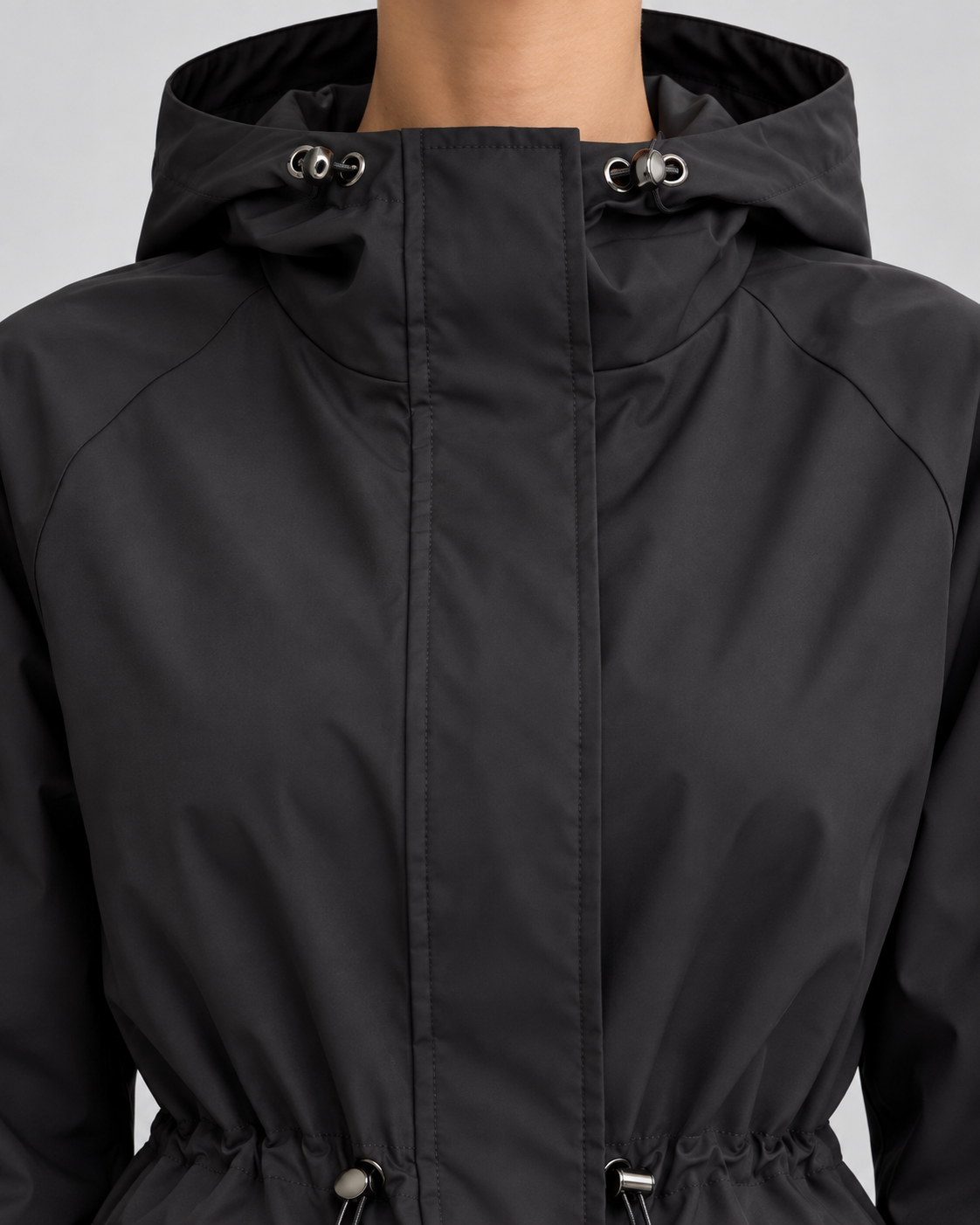 Women's Utility Jacket - Hooded Drawstring Waist Flap Pockets