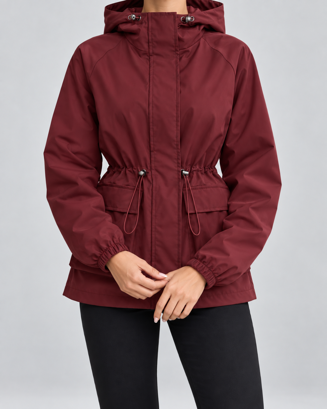 Women's Utility Jacket - Hooded Drawstring Waist Flap Pockets