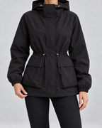 Women's Utility Jacket - Hooded Drawstring Waist Flap Pockets