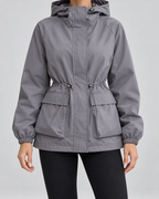 Women's Utility Jacket - Hooded Drawstring Waist Flap Pockets