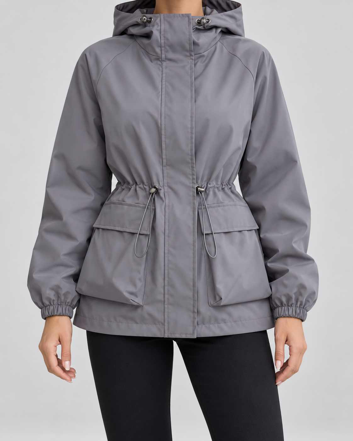 Women's Utility Jacket - Hooded Drawstring Waist Flap Pockets