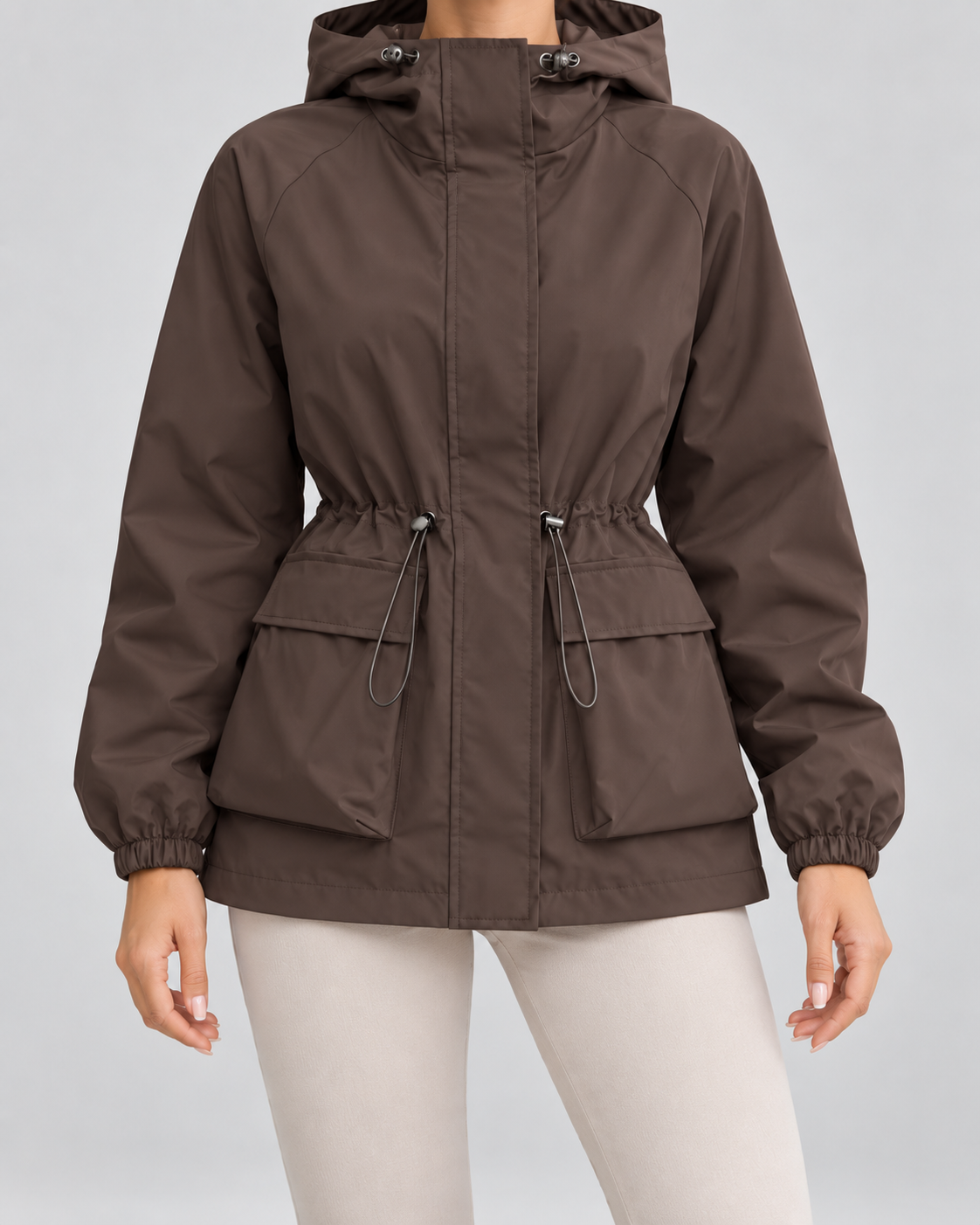 Women's Utility Jacket - Hooded Drawstring Waist Flap Pockets