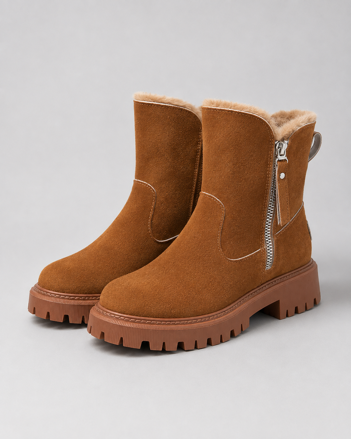 Women's Winter Ankle Boots - Faux Fur Lined Side Zip Lug Sole
