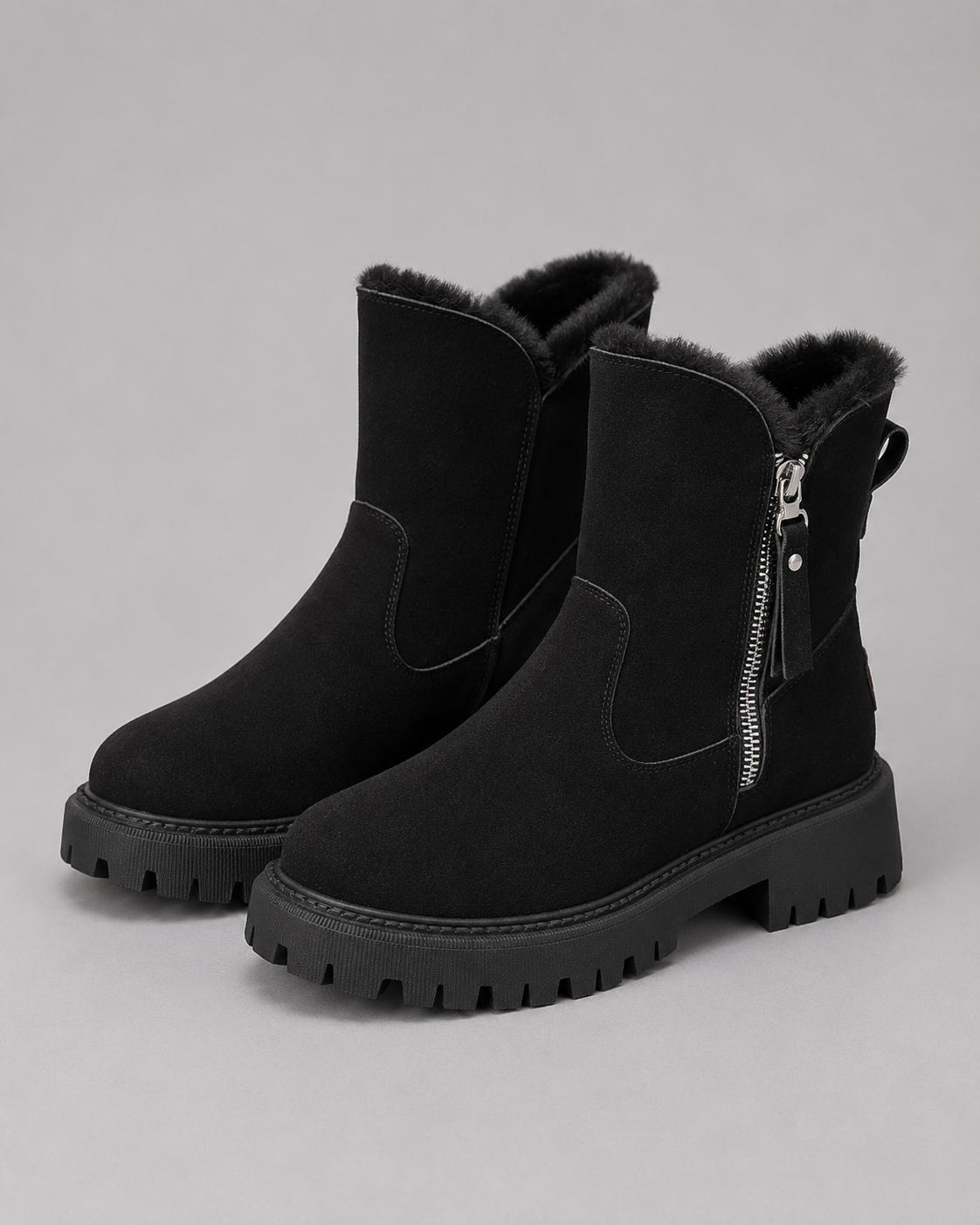 Women's Winter Ankle Boots - Faux Fur Lined Side Zip Lug Sole