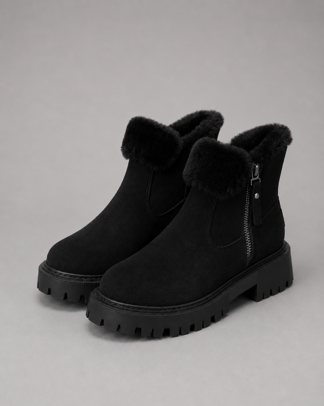 Women's Winter Ankle Boots - Faux Fur Lined Side Zip Lug Sole