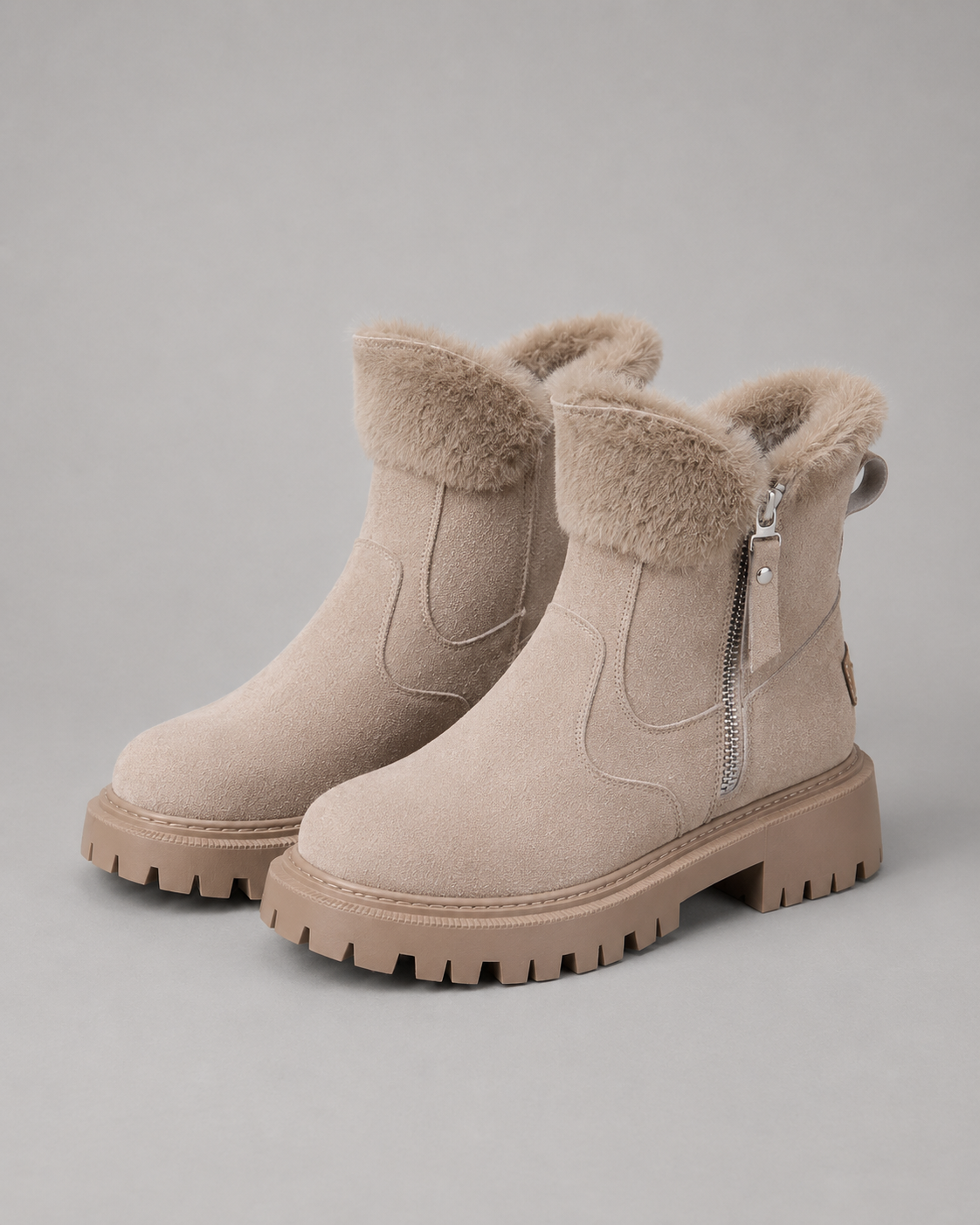 Women's Winter Ankle Boots - Faux Fur Lined Side Zip Lug Sole