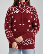 Women's Zip-Up Cardigan - Paisley Bandana Print Funnel Neck