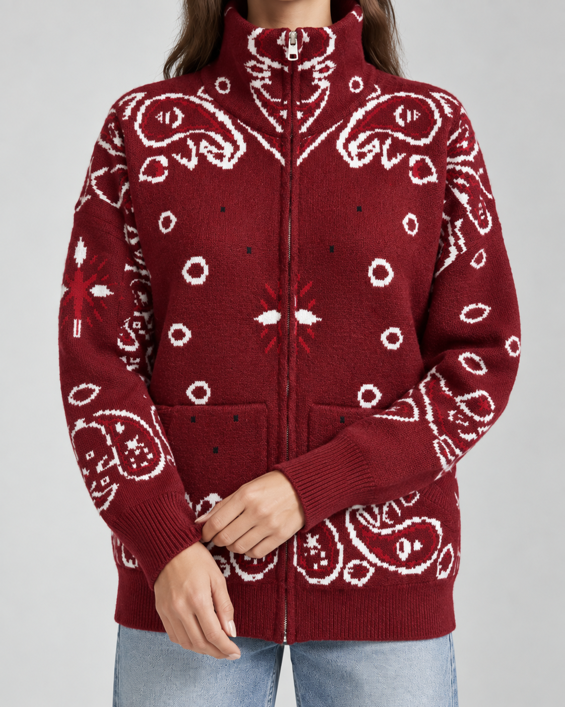 Women's Zip-Up Cardigan - Paisley Bandana Print Funnel Neck