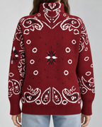 Women's Zip-Up Cardigan - Paisley Bandana Print Funnel Neck