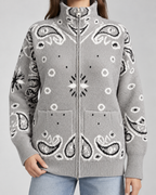 Women's Zip-Up Cardigan - Paisley Bandana Print Funnel Neck