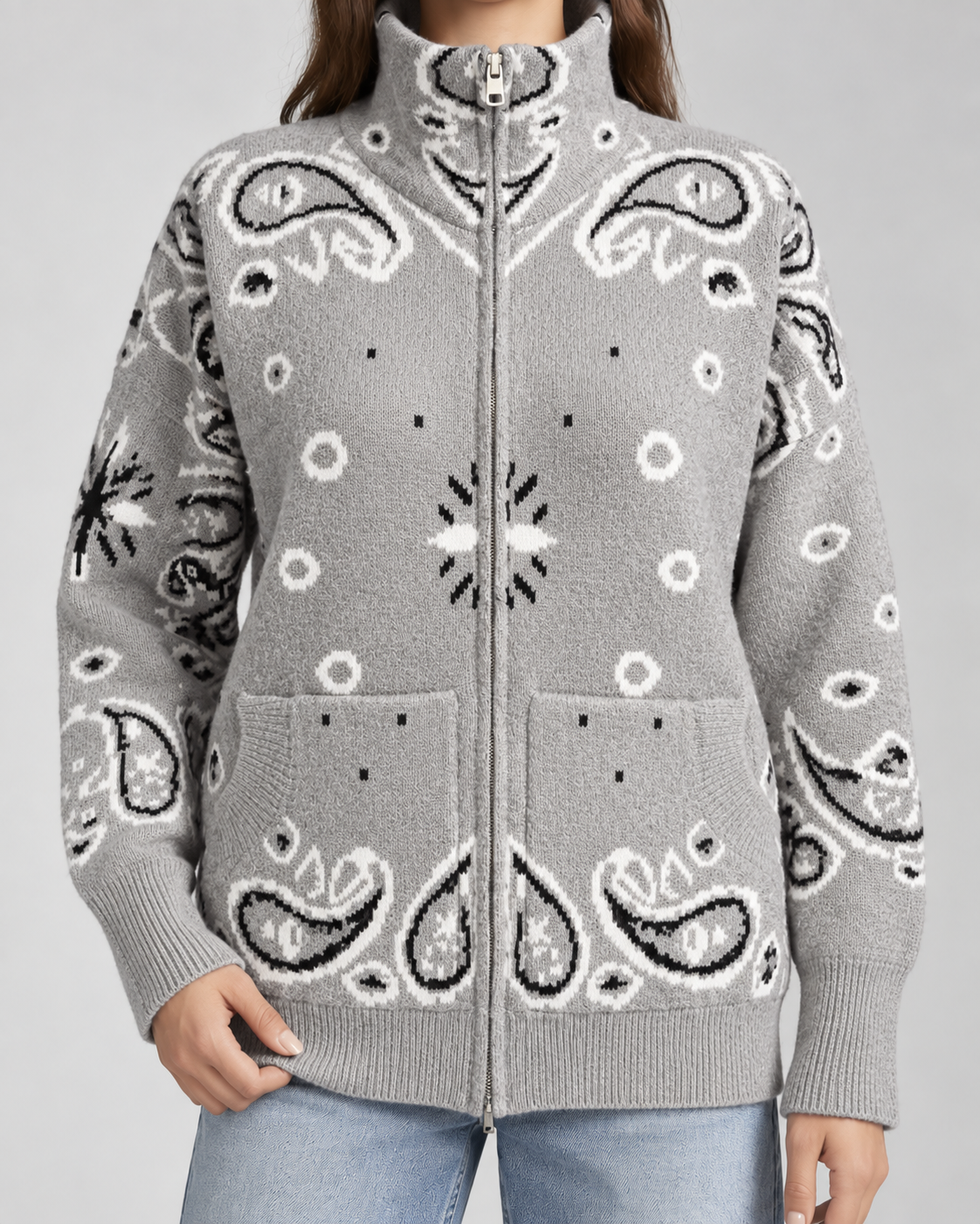 Women's Zip-Up Cardigan - Paisley Bandana Print Funnel Neck
