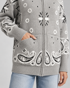 Women's Zip-Up Cardigan - Paisley Bandana Print Funnel Neck