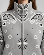 Women's Zip-Up Cardigan - Paisley Bandana Print Funnel Neck