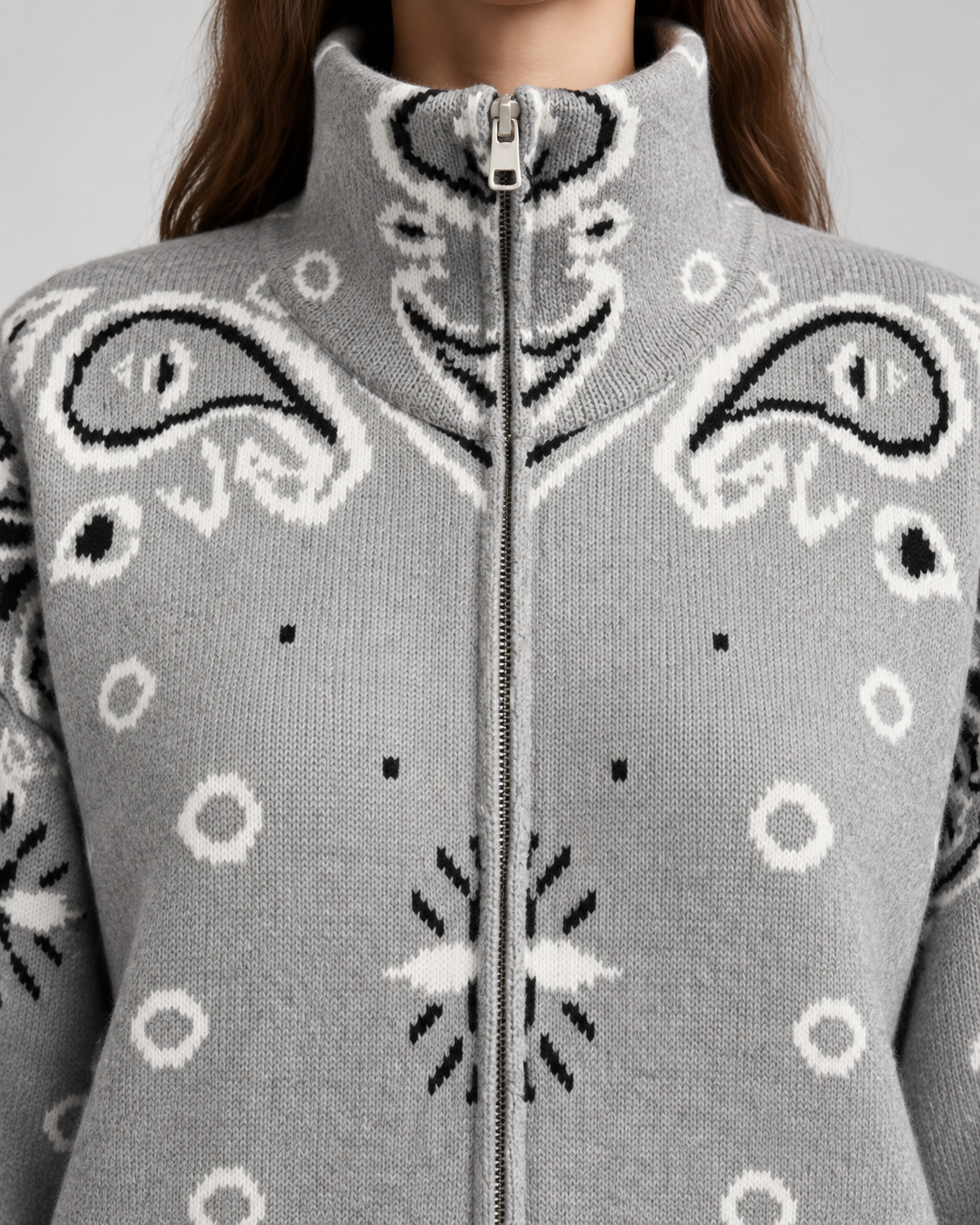 Women's Zip-Up Cardigan - Paisley Bandana Print Funnel Neck