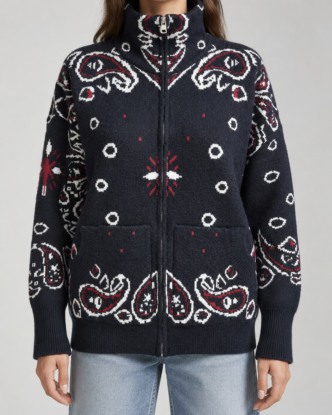 Women's Zip-Up Cardigan - Paisley Bandana Print Funnel Neck