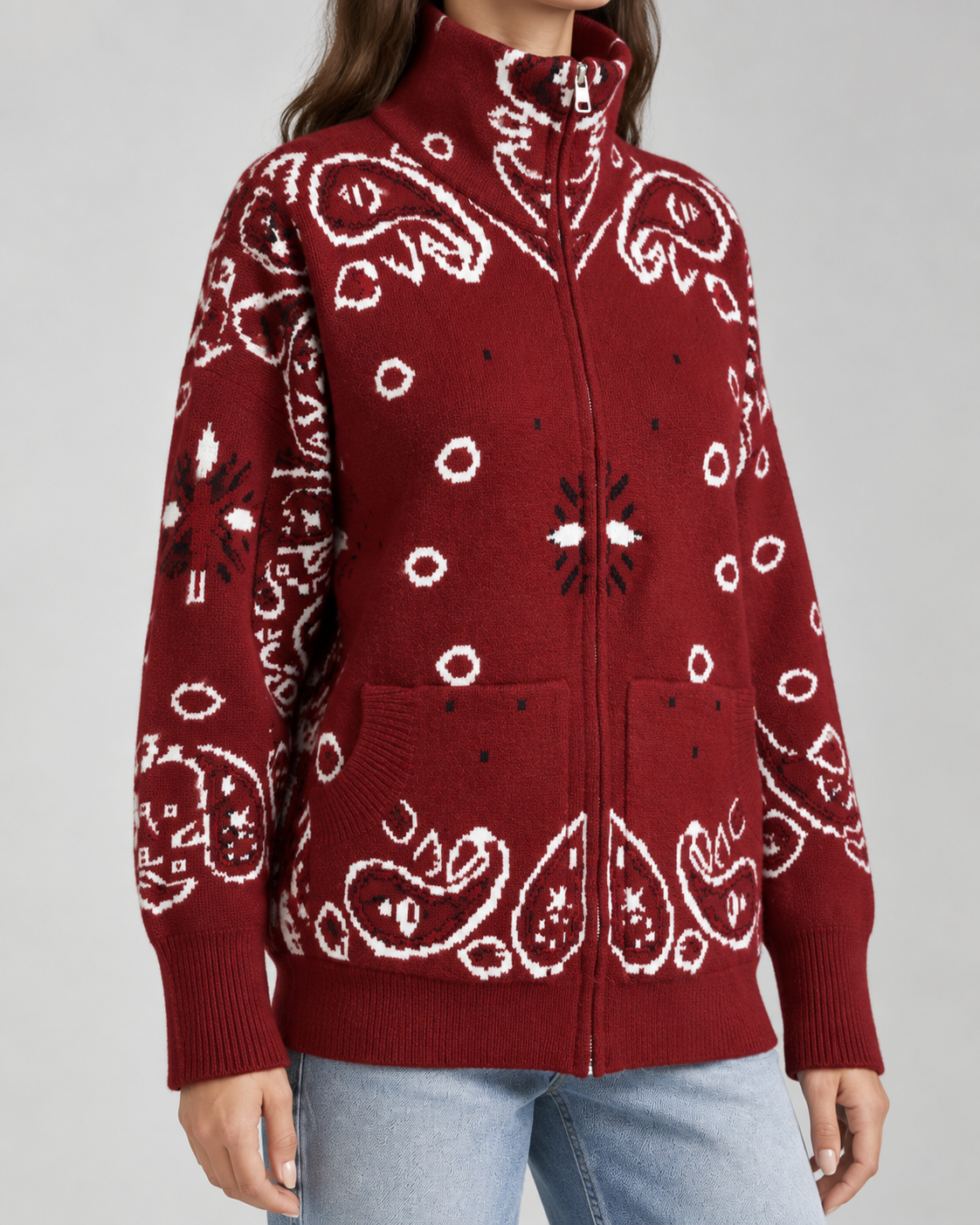 Women's Zip-Up Cardigan - Paisley Bandana Print Funnel Neck