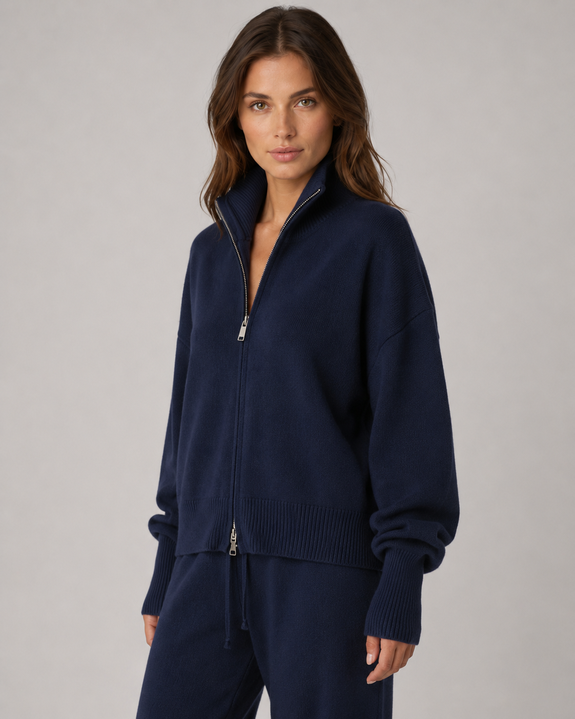Women's Zip-Up Knit Cardigan Funnel Neck