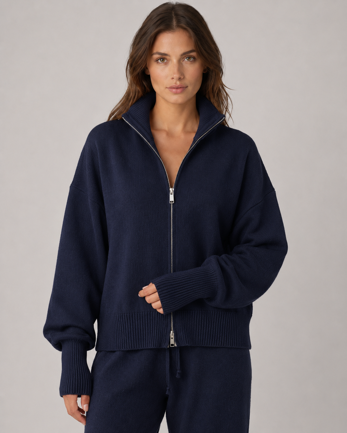 Women's Zip-Up Knit Cardigan Funnel Neck