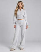 Women's Zip Up Tracksuit Set - Cropped Top Wide Leg Pants