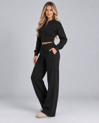 Women's Zip Up Tracksuit Set - Cropped Top Wide Leg Pants