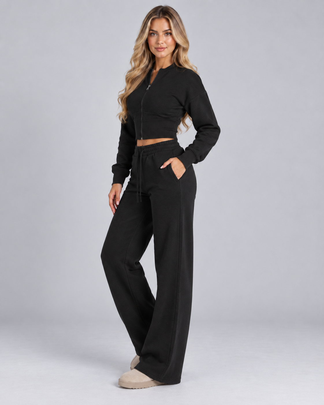 Women's Zip Up Tracksuit Set - Cropped Top Wide Leg Pants