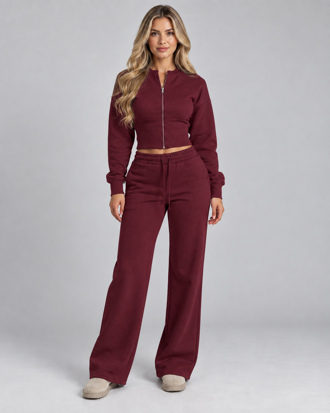 Women's Zip Up Tracksuit Set - Cropped Top Wide Leg Pants