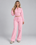 Women's Zip Up Tracksuit Set - Cropped Top Wide Leg Pants