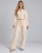 Women's Zip Up Tracksuit Set - Cropped Top Wide Leg Pants