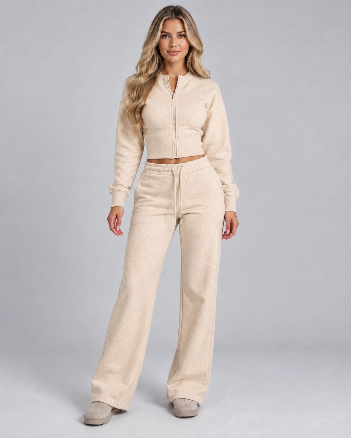 Women's Zip Up Tracksuit Set - Cropped Top Wide Leg Pants