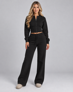 Women's Zip Up Tracksuit Set - Cropped Top Wide Leg Pants