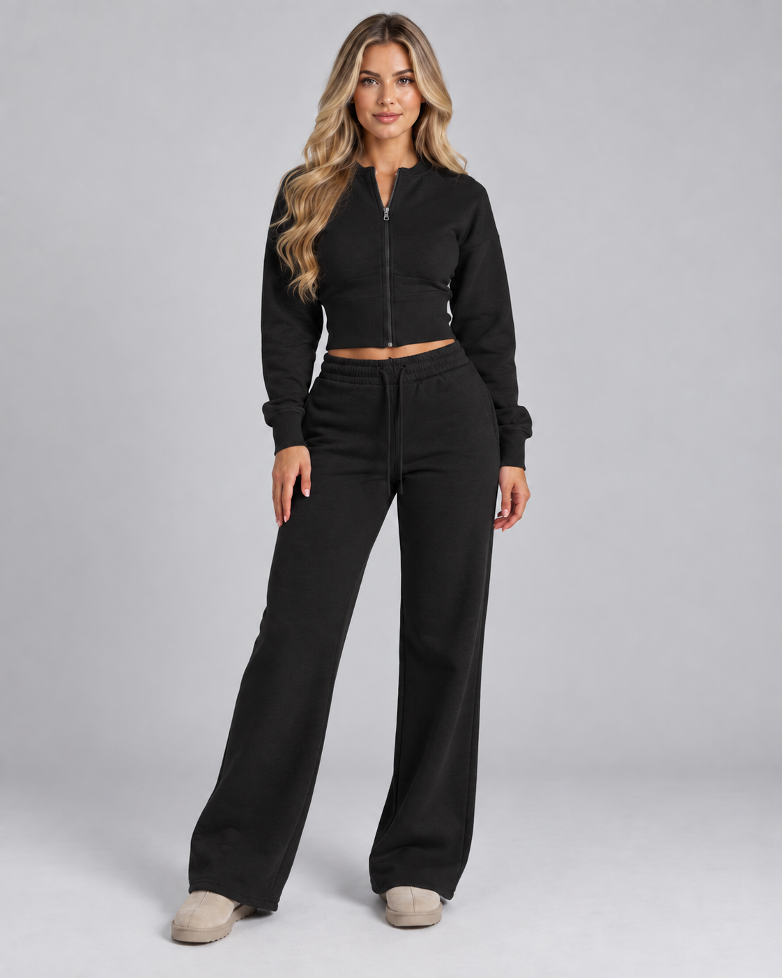 Women's Zip Up Tracksuit Set - Cropped Top Wide Leg Pants